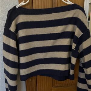 J.O.A. Navy and Tan Off-the-Shoulder Sweater